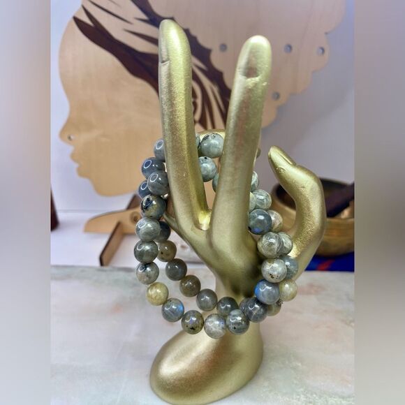 Handmade Gray Labradorite Gemstone Bead Unisex Stretch Bracelet 10mm - Picture 6 of 7